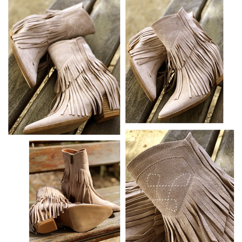 NEW Fringe Tassel Faux Suede Pointy Toe Block Heel Western Booties Boots Taupe - Picture 10 of 14